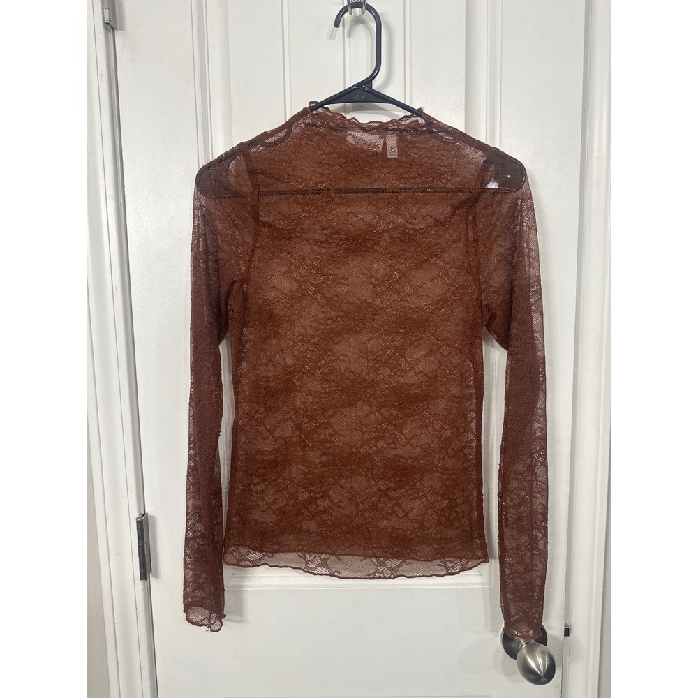 Willow + Root Rust Brown Sheer Floral Lace Mock Neck Long Sleeve Top Medium